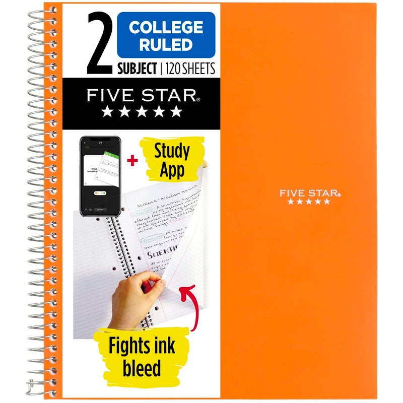 Five Star Spiral Notebook + Study App, 2 Subject, College Ruled, 8-1/2" x 11", 120 Sheets, Fights Ink Bleed, Purple, Orange, Green, Blue, Gray, Black, Color Will Vary, 1 Count (824230) - Image 1